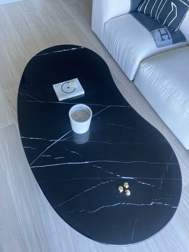 Arhaus White Sofa + Rove Concepts Valerian Marble Coffee Table