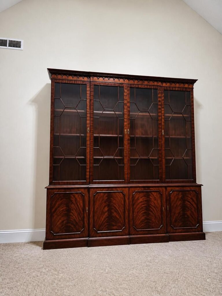 Vintage Georgian-style flame mahogany breakfront hutch