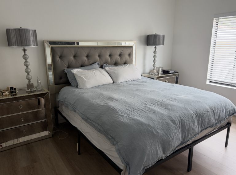 California King Bed with Upholstered Headboard and Mattress