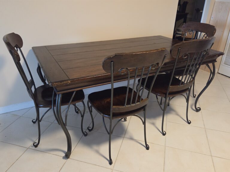 Solid Wood & Wrought Iron Dining Set – 6' Table, 4 Chairs + End Drawers