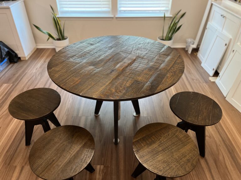 World Interiors solid wood adjustable height industrial modern bar table and 4 stools