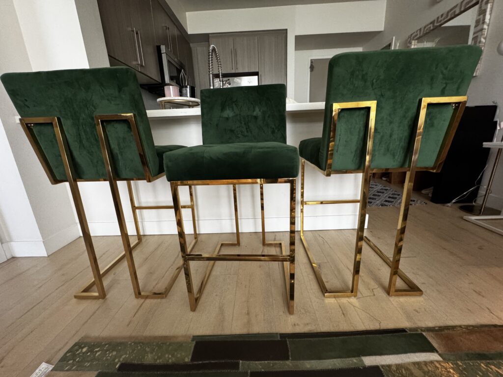 Green Velvet Plush Stools with Gold Hardware , Custom Made