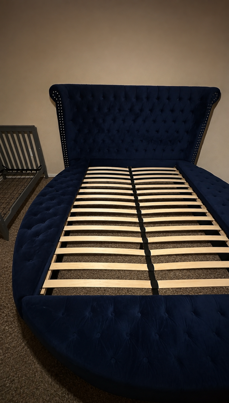 Navy blue velvet queen bed frame