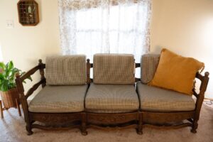 1950’s Vintage Oak Wood Sofa with Floral Shell Carvings