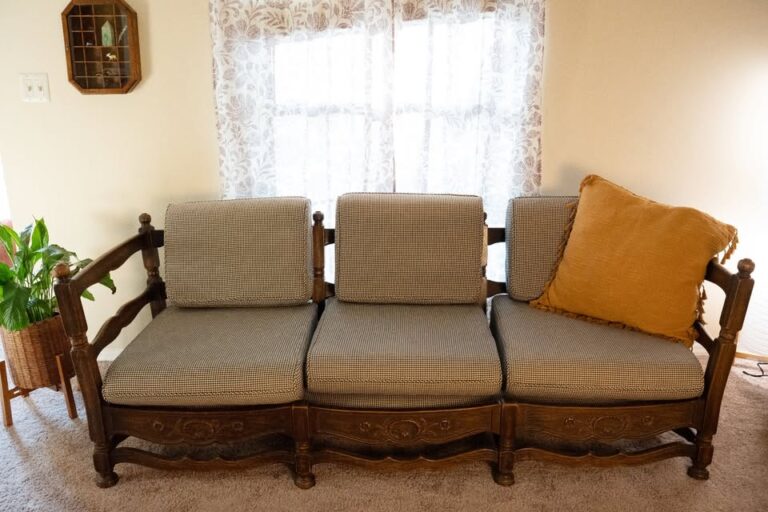 1950's Vintage Oak Wood Sofa with Floral Shell Carvings