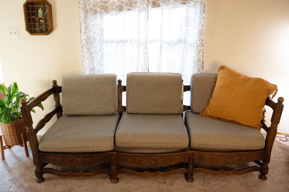 1950's Vintage Oak Wood Sofa with Floral Shell Carvings