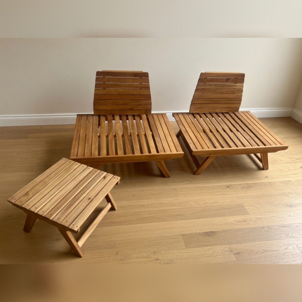Brand-New AllModern Acacia Patio Set for Sale — $500 OBO Brand-new 3-piece AllModern acacia wood patio set with two lounge chairs, white c