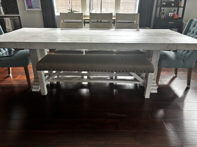 Dining table, 5 chairs, bench, and buffet
