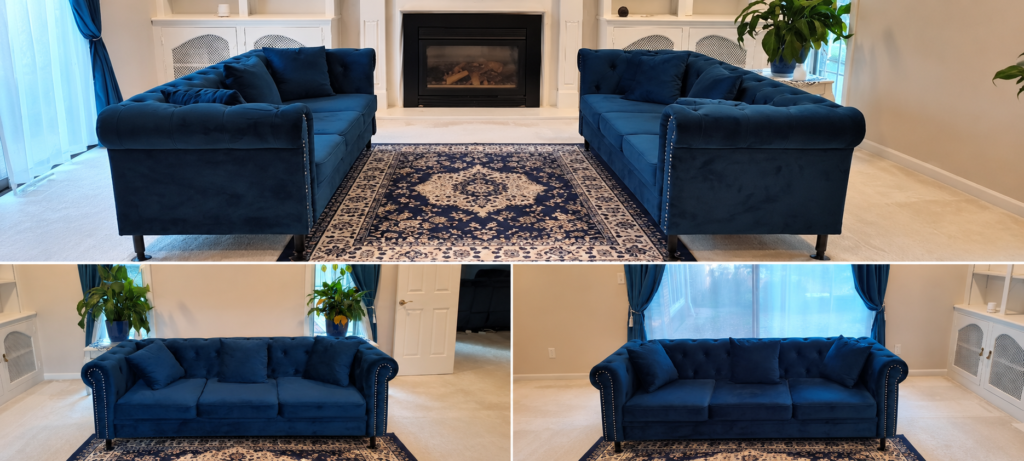 9PC Ragenardus Collection Dining Set; and (2) Blue Velvet Formal Sofas