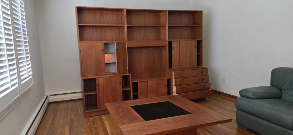 Danish mid-century modern wall unit, coffee table, mirror