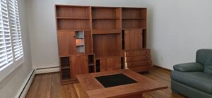 Danish mid-century modern wall unit, coffee table, mirror