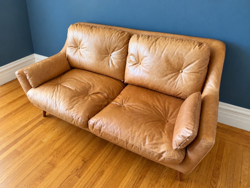 Rivet Mid-Century Modern Genuine Leather Sofa – Cognac Brown